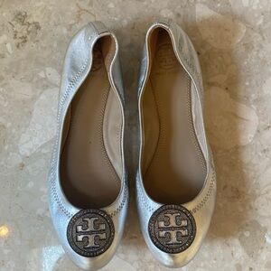 Tori Burch, soft leather silver ballet flats